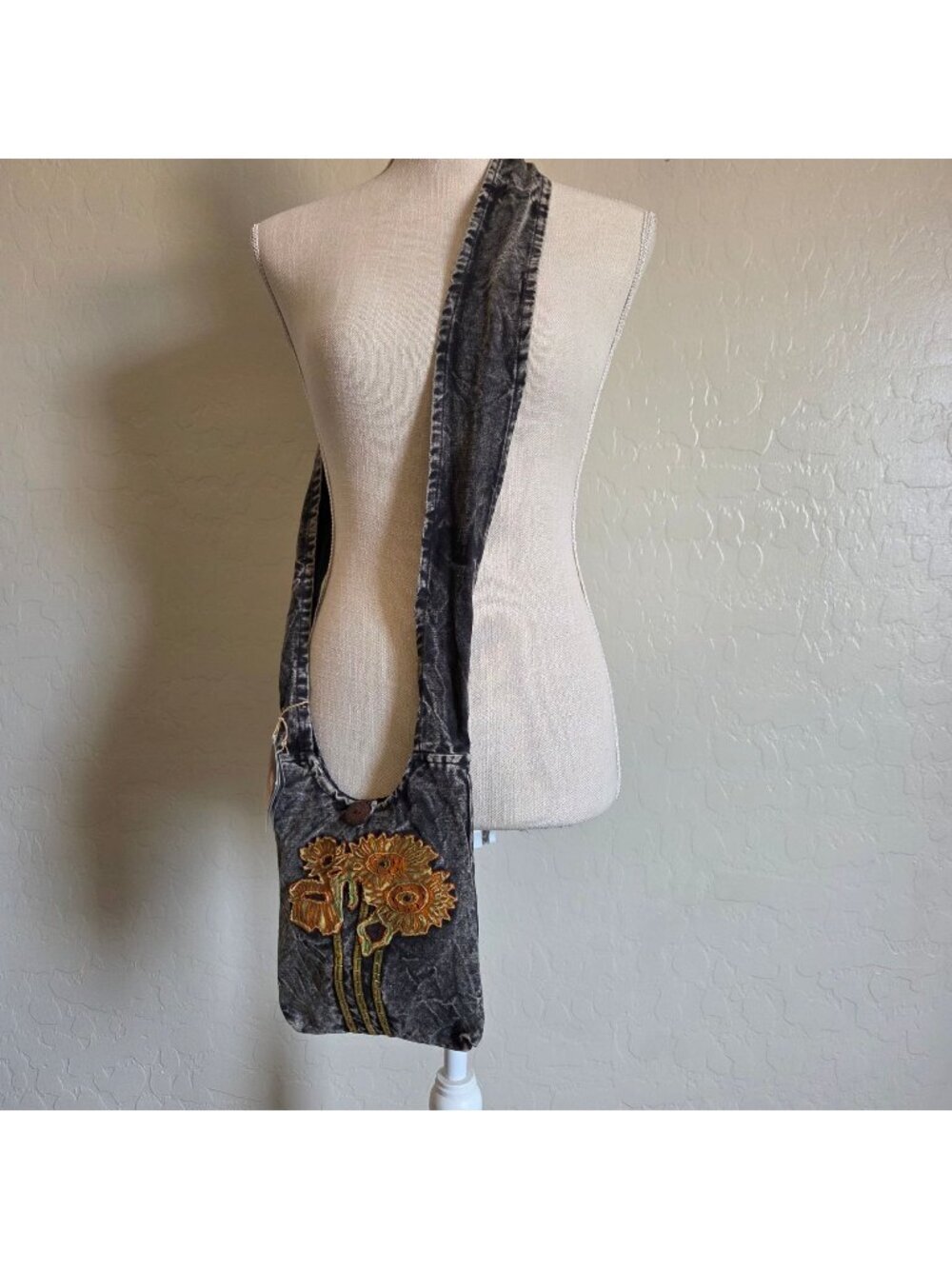Earth Divas Sunflower Crossbody Sling Bag Grey Stonewash Cotton Boho Hippie NEW